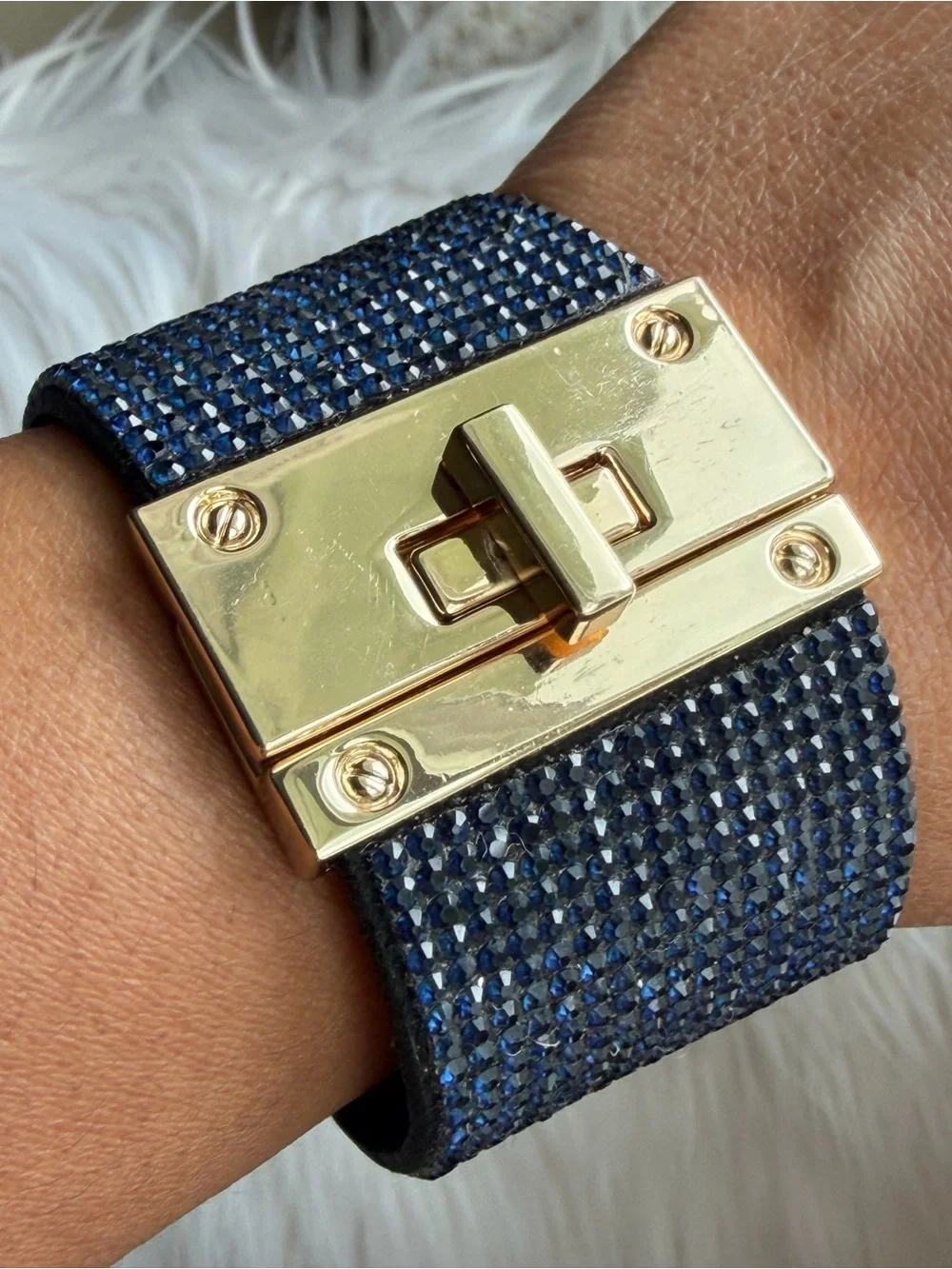 Navy Rhinestones Crystals Leather Wide Band Bracelet Gold-Tone Twist Lock